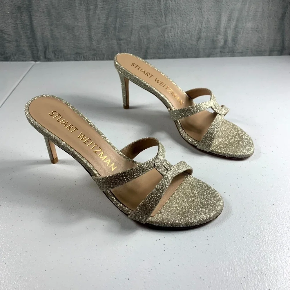 Stuart Weitzman Soiree Sleek 75 4503730159 Slide Womens 6 Platino Glitter Sandal